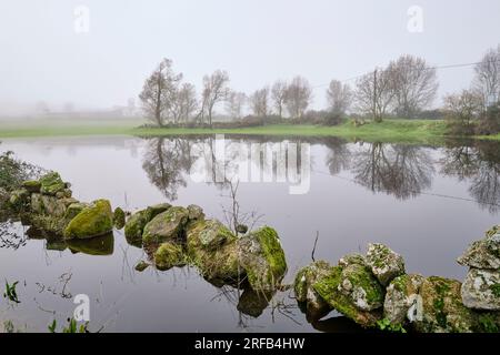 Nebiger Wintermorgen. Vila Cha de Braciosa, Tras-os-Montes. Portugal Stockfoto