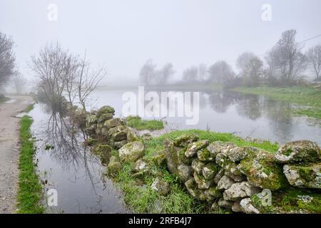 Nebiger Wintermorgen. Vila Cha de Braciosa, Tras-os-Montes. Portugal Stockfoto