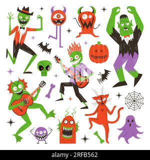 Halloween-Monster, die tanzen und Rockmusik spielen Stock Vektor