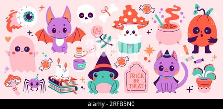 Happy Halloween Aufkleber. Vektor niedliches Maskottchen Kürbiskopf, schwarze Katze, Skelett, Geist, Augen, Fledermaus, Frosch, Spinne Stock Vektor