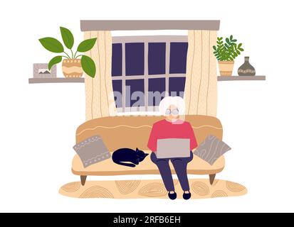 Alte Frau mit grauen Haaren, die einen Laptop benutzt Stock Vektor