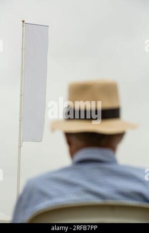 Eine männliche Figur sitzt vor einer weißen Flagge bei einem Open-Air-Event. Stockfoto