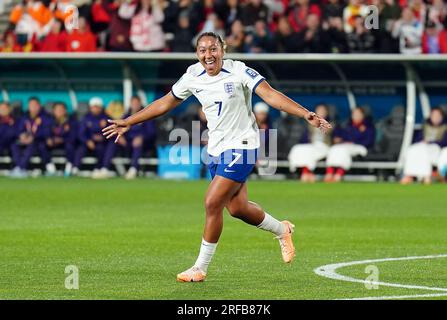 Aktenfoto von 01-08-2023 von Englands Lauren James Celebrates. Rachel Daly enthüllte ihre Vorahnung vor dem Spiel über die englische Teamkollegin Lauren James, die am Dienstagabend wahr wurde, nachdem das Wunderkind Chelsea zweimal geschossen und drei Helfer beim Sieg 6-1 über China bei der Weltmeisterschaft gewonnen hatte. Ausgabedatum: Mittwoch, 2. August 2023. Stockfoto