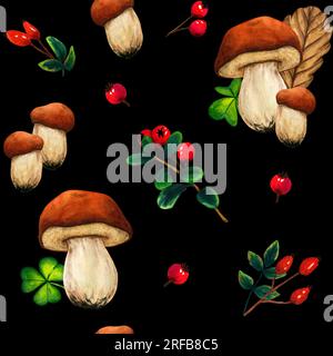 Aquarell nahtlos gemusterte Wildpilze Porcini und zweigrote Beeren. Rasenszene im Naturwald. Wilde Landschaft. Isolierte Öko-natürliche illus Stockfoto