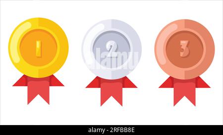 Gold-, Silber- und Bronzemedaillen. Siegerabzeichen für den ersten, zweiten und dritten Platz. 1., 2. und 3D Preise. vektordarstellung Stock Vektor