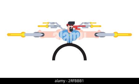 Ein Mann, der mit Pistolen schießt. Der Cartoon-Held kämpft mit Waffen isoliert auf weißem Hintergrund. vektordarstellung Stock Vektor