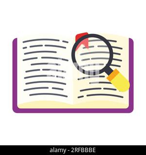 Offenes Buch mit Lupe. Such- oder Lernkonzept. Flaches Symbol auf weißem Hintergrund. Stock Vektor