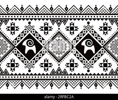 Ostereier Design aus der Ukraine nahtlos langes horizontales Muster mit Ziegen und Sternen, Ostereier wiederholtes Design Hutsul Pisanky in Schwarz an Stock Vektor