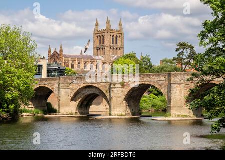 Blick entlang des Flusses Wye auf die alte St. Martin's Brücke und die Kathedrale der Heiligen Maria der Jungfrau in Hereford, Herefordshire, England, Großbritannien Stockfoto