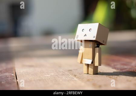 Kleiner hölzerner Spielzeugroboter danbo einsam isoliert einsamer trauriger Charakter, Holzboden Outdoor Cartoon Box Anime Happy Art Concept Natur Sommer, braune Puppe geschnitten Stockfoto