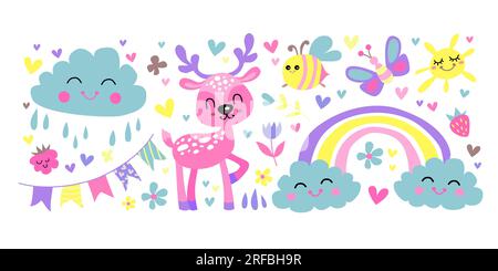 Süße Sticker flach. Vektorset mit Tieren, Wolken und Blumen. Farbenfrohe Darstellung isoliert auf weißem Hintergrund. Stock Vektor