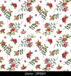 Nahtloses Wasserfarbenmuster mit Cowberry. Handgezeichneter Aquarellhintergrund mit Waldroten Beeren und grünen Blättern. Früchte der Preiselbeere für Stockfoto