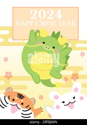 Wishing a happy Mond New year 2024 niedliche Grußkarte Vektor mit Drachen Tiger und Häschen. Süße Tierbabys für das chinesische Neujahr des Drachen. Stock Vektor