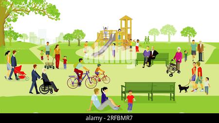 Familien und Leute auf eigene Faust im Park und auf dem Spielplatz, Illustration Stockfoto