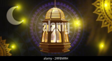 Eid al Adha-Feier. Arabische Ramadan-Laterne beleuchtet. Islamische Lampe mit Kerze. 3D-Rendern Stockfoto