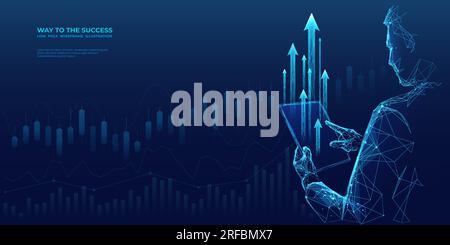 Abstrakte Börse und Trader-Tablet mit Pfeil-nach-oben-Zeichen Stock Vektor