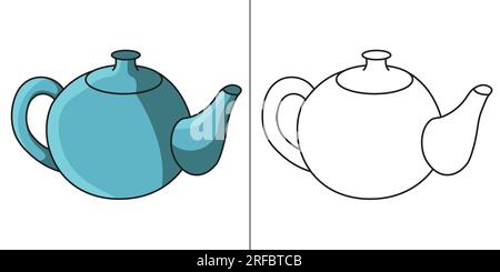 Teekanne färben Seitenumriss und farbig in Version. Malseite für Kinder. Einfache Ausmalseite Stock Vektor