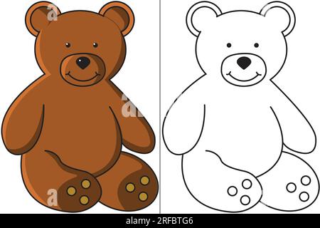 Teddybär Farbumriss und farbige Version. Malseite für Kinder. Einfache Ausmalseite Stock Vektor
