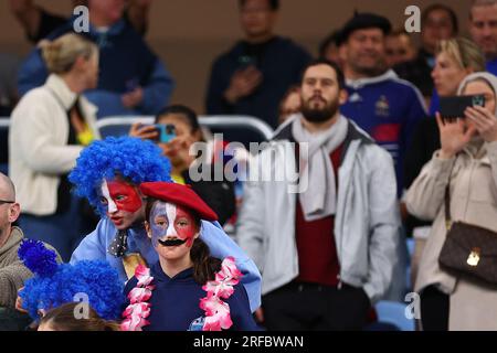 2. August 2023; Sydney Football Stadium, Sydney, NSW, Australien: FIFA Womens World Cup Gruppe F Fußball, Panama gegen Frankreich; Fans von Frankreich während der Nationalhymnen Stockfoto