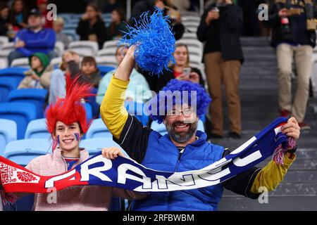 2. August 2023; Sydney Football Stadium, Sydney, NSW, Australien: FIFA Womens World Cup Group F Fußball, Panama gegen Frankreich; Fans Frankreichs zeigen ihre Unterstützung Stockfoto