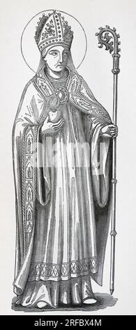 Porträt des Heiligen Augustinus von Hippo (Aurelius Augustinus) nach Cahier. Er ist Bischof von Hippo. Er hat ein flammendes Herz, symbolisch für Augustinus Liebe zu Gott und seinen Mitbrüdern und Schwestern. Stich aus dem Leben der Heiligen von Sabin Baring-Gould. Stockfoto