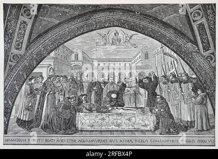 Beerdigung von St. Augustine von Hippo, nach einem Gemälde von Benozzo Gozzoli in der Kirche St. Augustine in San Gemignano, Italien. Gravur aus dem Leben der Heiligen von Sabin Baring-Gould. Stockfoto