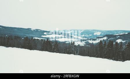 Ein Foto von schneebedeckten norwegischen Bergen. Stockfoto