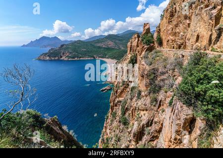 Küstenlandschaft bei Porto, Calanche de Piana, Küstenstraße, Felsen, Mittelmeer, Korsika, Frankreich, Europa Stockfoto