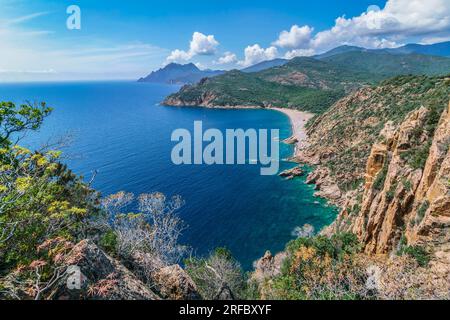 Küstenlandschaft bei Porto, Calanche de Piana, Küstenstraße, Felsen, Mittelmeer, Korsika, Frankreich, Europa Stockfoto