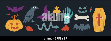 Zeitgenössische Vektorbilder zu Halloween. Handgezeichnete moderne bunte Elemente Sammlung Fledermäuse, Kürbis, Schlange, Sarg, Rabe und Süßigkeiten Stock Vektor