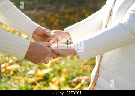 Ein Mann und eine Frau stehen einander gegenüber und halten Händchen im Herbstpark. Hände aus nächster Nähe geschossen. Horizontales Foto Stockfoto