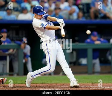 01. AUGUST 2023: Der dritte Baseman Matt Duffy (15) der Kansas City Royals erringt im Kauffman Stadium Kansas City, Missouri. Jon Robichaud/CSM. Stockfoto