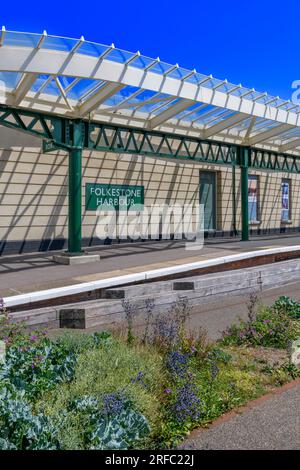 Bahnhof Folkestone Harbour. Ursprünglich für den Bootszug nach Frankreich. Mit Geschäften, Bars und Restaurants und modernen Pflanzen am Meer zwischen den Schienen. Stockfoto