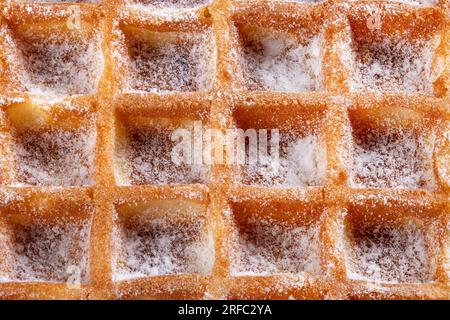 Makrofoto einer belgischen Waffel mit Puderzucker Stockfoto