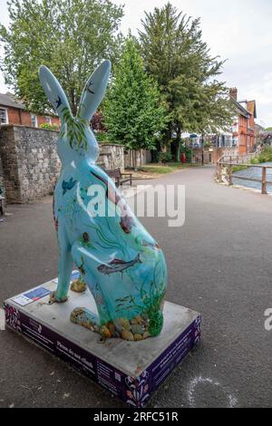 Hares of Hampshire Art Trail Winchester England 2022, Chalk Stream River Itchen Hare von Wendy Bramall entlang des Weirs Riverside Walk Stockfoto