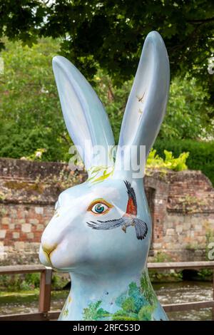 Hares of Hampshire Art Trail Winchester England 2022, Chalk Stream River Itchen Hare von Wendy Bramall entlang des Weirs Riverside Walk Stockfoto