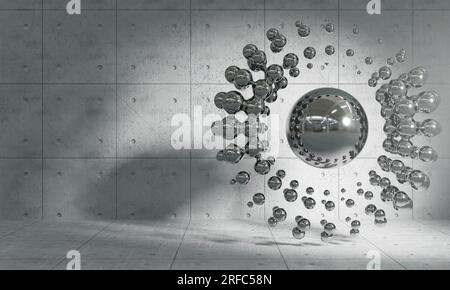 Abstraktionshintergrund, Silberkern und Flüssigpartikel in der Kugel verändern die Form wie Tinte während einer Explosion vor dem Hintergrund eines Betons Stockfoto