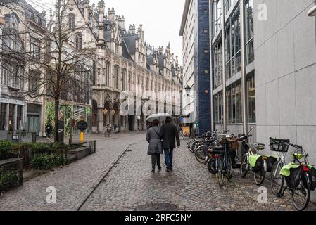 29. Dezember 2021: Mechelen, Belgien: Ein Paar mittleren Alters, das unter einem Schirm in Richtung Grote Markt geht. Stockfoto
