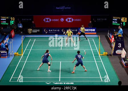 Sydney, Australien. 02. Aug. 2023. Natsu Saito und Hiroki Midorikawa aus Japan und Ashwini Ponnappa und Reddy B. Sumeeth aus Indien in Aktion am 2. Tag der Sathio Group Australian Badminton Open 2023 im Quaycenter am 2. August 2023 in Sydney, Australien. Kredit: IOIO IMAGES/Alamy Live News Stockfoto