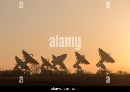 Sonnenaufgang bei den Mullard Radio Telescopes, Cambridge, Großbritannien Stockfoto