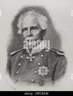 Jacob von Hartmann (1795-1873). Bayerischer General. Teilnahme am Austro-Preußischen Krieg (1866) und am Franco-Preußischen Krieg (1870-1871). Porträt. Gravur. "Historia de la Guerra Franco-Alemana de 1870-1871". Veröffentlicht in Barcelona 1891. Stockfoto