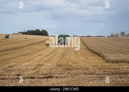 Landwirtschaftliche Maschinen zum Schneiden von Weizen und Pressen von Heu an einem Sommertag in Yorkshire, Großbritannien Stockfoto