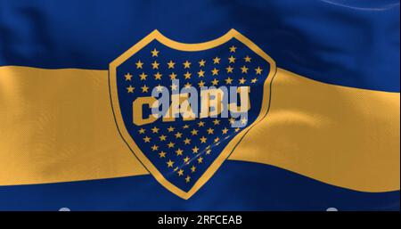 Buenos Aires, AR, Juni 15 2023: Nahaufnahme der Flagge von Boca Juniors im Wind. Argentinischer Sportclub in Buenos Aires. Zur Veranschaulichung Stockfoto