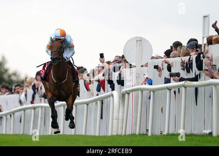 Ash Tree Meadow reitete von Jockey Danny Gilligan auf seinem Weg zum Gewinn der Tote Galway Plate (Handicap Chase) am dritten Tag des Galway Races Summer Festival auf der Galway Racecourse. Bilddatum: Mittwoch, 2. August 2023. Stockfoto