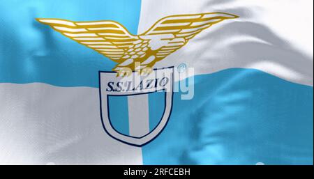 Rom, Italien, Aug. 2 2023: Nahaufnahme der SS-Lazio-Fahne. Profifußballverein mit Sitz in Rom. Redaktioneller 3D-Illustrations-Rendering. R Stockfoto
