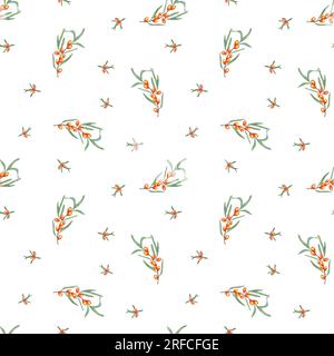 Sanddornzweig isoliert auf weißem Hintergrund. Wasserfarbenes, nahtloses Muster aus Orangenbeeren und grünen Blättern. Botanische Darstellung für Textil Stockfoto