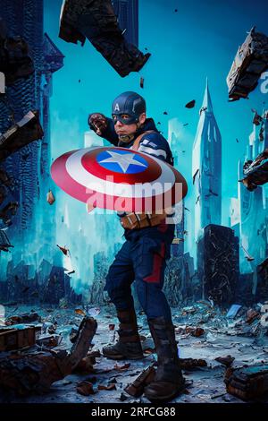 HARROGATE, GROSSBRITANNIEN - 3. JUNI 2023. Ein männlicher Cosplayer in einem Captain America Kostüm mit Schild in einer Kampfposition und ruiniertem Stadthintergrund Stockfoto