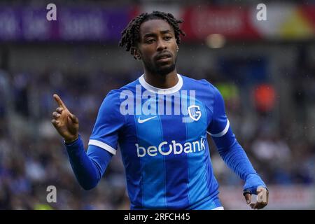 Genk, Belgien. 02. Aug. 2023. GENK, BELGIEN - AUGUST 2: Mike Trésor von KRC Genk Gesten während des UEFA Champions League-Spiels zwischen KRC Genk und Servette FC in der Cegeka Arena am 2. August 2023 in Genk, Belgien (Foto von Jeroen Meuwsen/Orange Pictures) Guthaben: Orange Pics BV/Alamy Live News Stockfoto