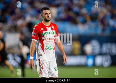 Charlotte, NC, USA. 29. Juli 2023. Necaxa Fabricio Formiliano (2) in der ersten Hälfte des Leagues Cup tritt gegen den Charlotte FC im Bank of America Stadium in Charlotte, NC, an. (Scott KinserCal Sport Media). Kredit: csm/Alamy Live News Stockfoto