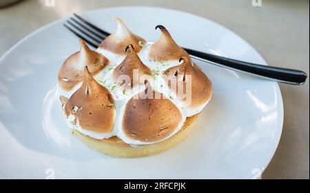 Zitronen-Baiser-Torte mit Zitronen-Quark. Zitronenkuchen auf weißem Hintergrund, Speisekonzept für Restaurant und Bäckerei. Stockfoto